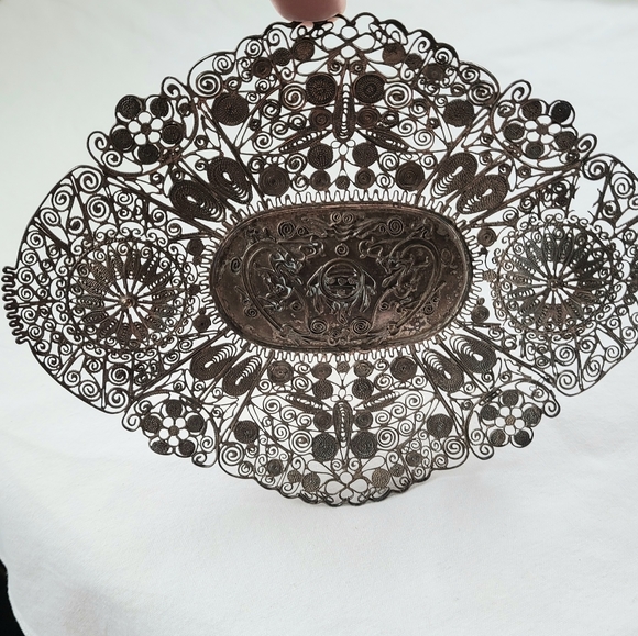 Antique silver filigree tray dish Asian design beautiful wall art wall hanging - Picture 2 of 16